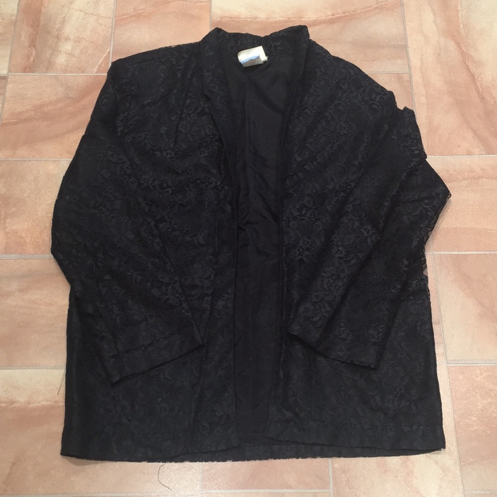 Vintage Women's Black Open Lightweight Lace Shoulder Pad Blazer Jacket